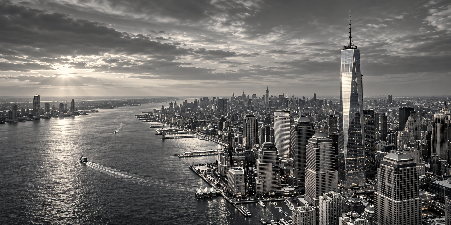 One World Trade Center in New York, photographed in black and white.